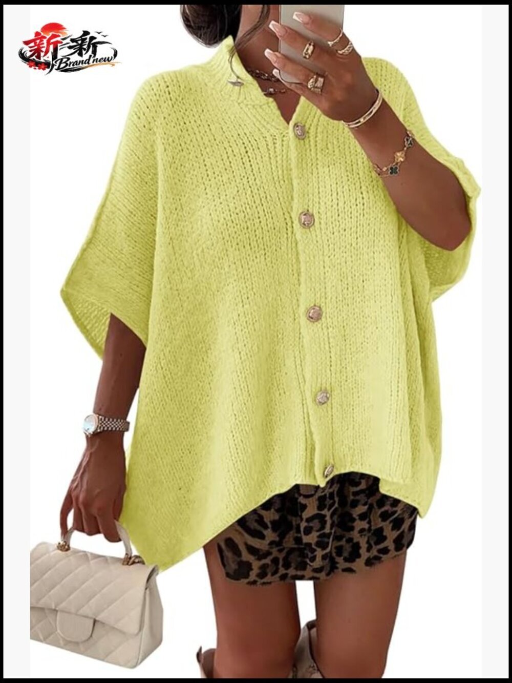 Short Sleeve Button Down Cardigan Lightweight Knit Sweater Oversized Mock Neck